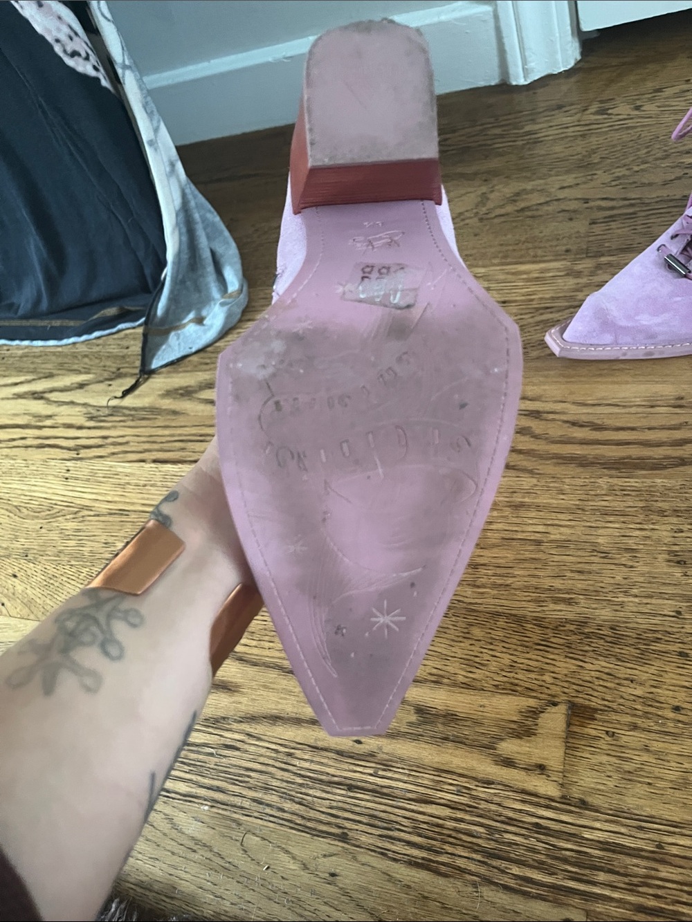 Pink Suede Lace-Up Ankle Boots with Buckle Strap - Picture 3 of 6